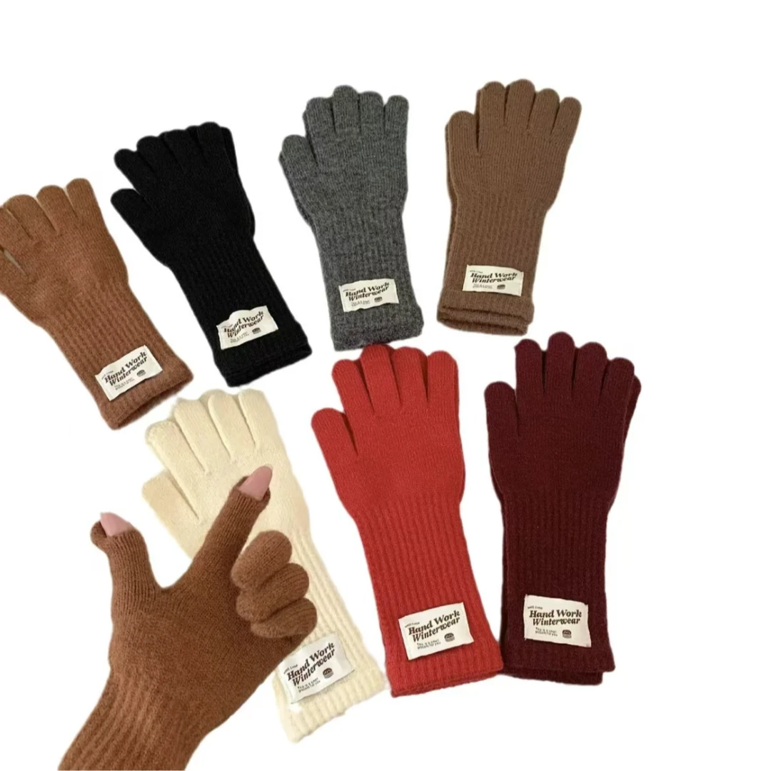 冬季女款手套触屏露指纯色保暖针织长款防风五指骑行韩版百搭