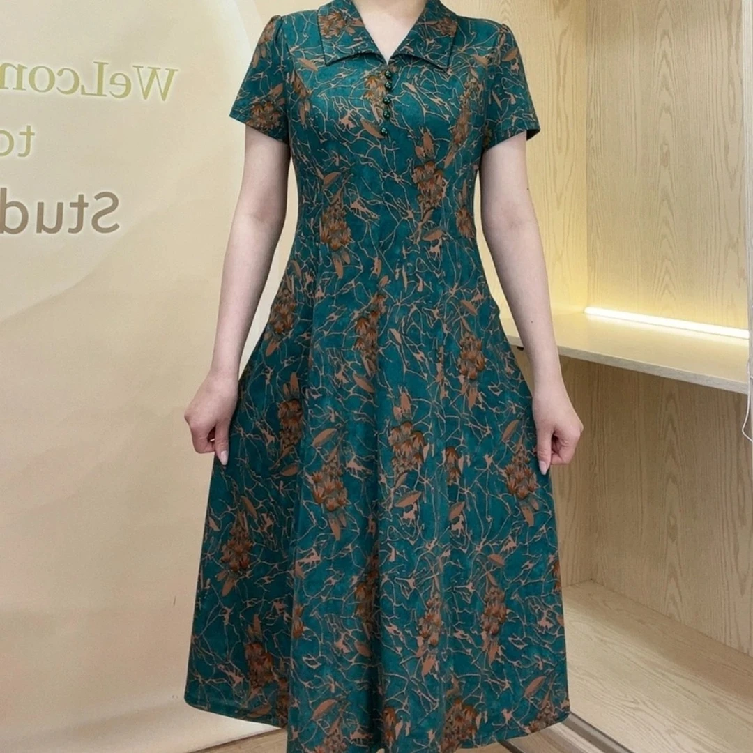 妈妈装宽松连衣裙气质中长款夏季时尚碎花裙洋气中老年女印花裙子