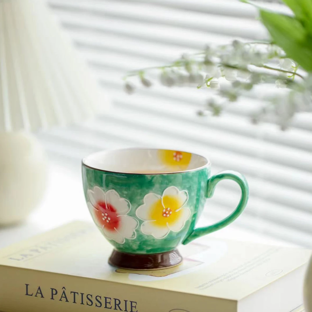 花朵手绘釉下彩早餐杯咖啡杯大容量创意茶杯网红高颜值水杯喝水杯