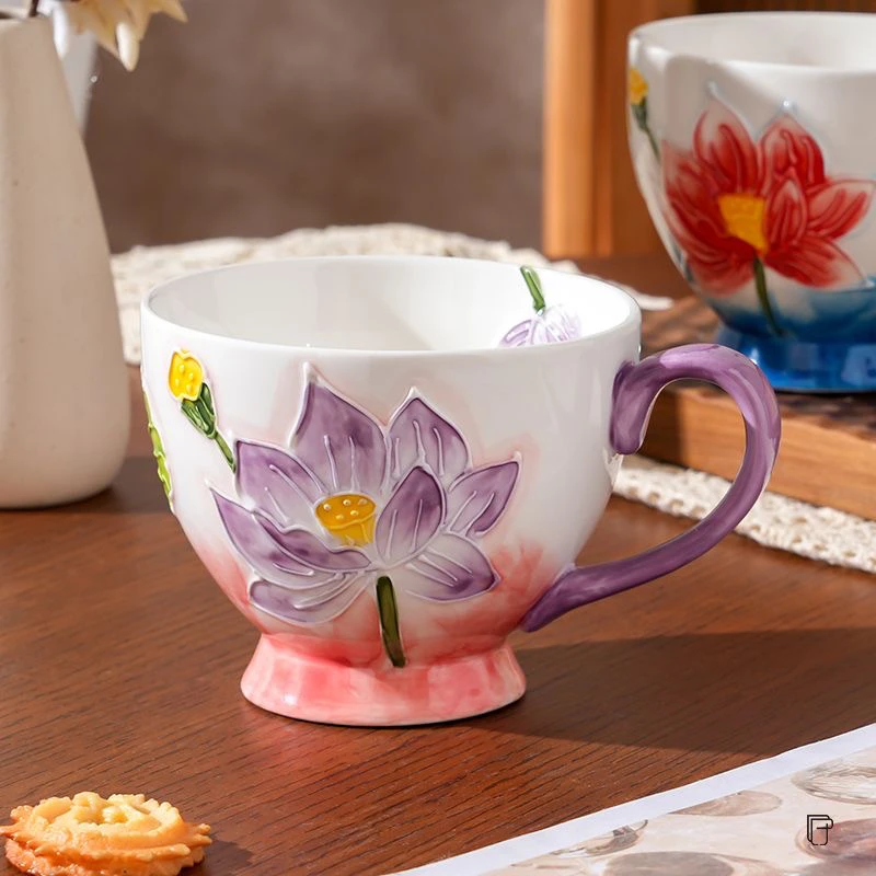 手绘浮雕釉下彩网红情侣杯早餐杯喝水杯牛奶杯大容量红茶杯咖啡杯