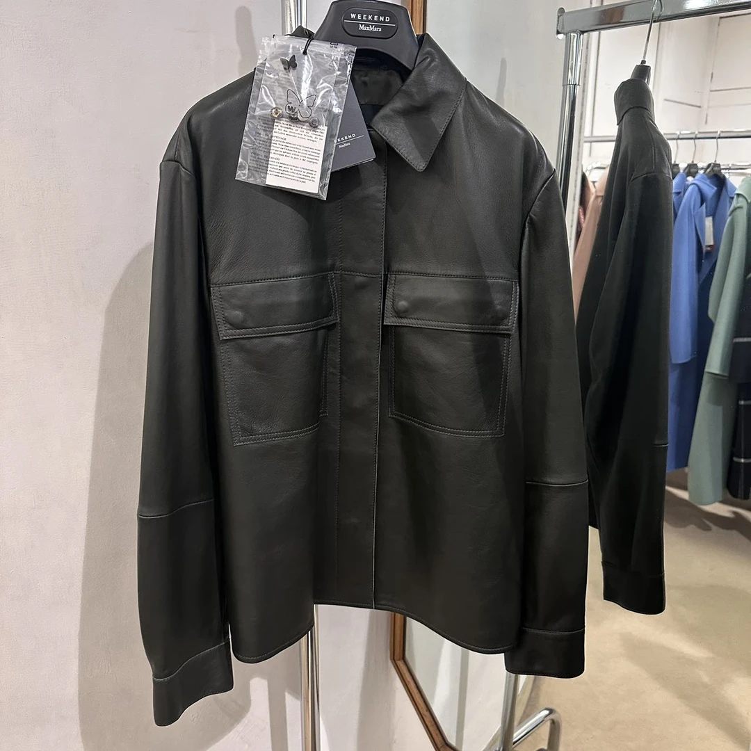 全新未使用  Max Mara DCLASSE 深墨绿真皮翻领外套