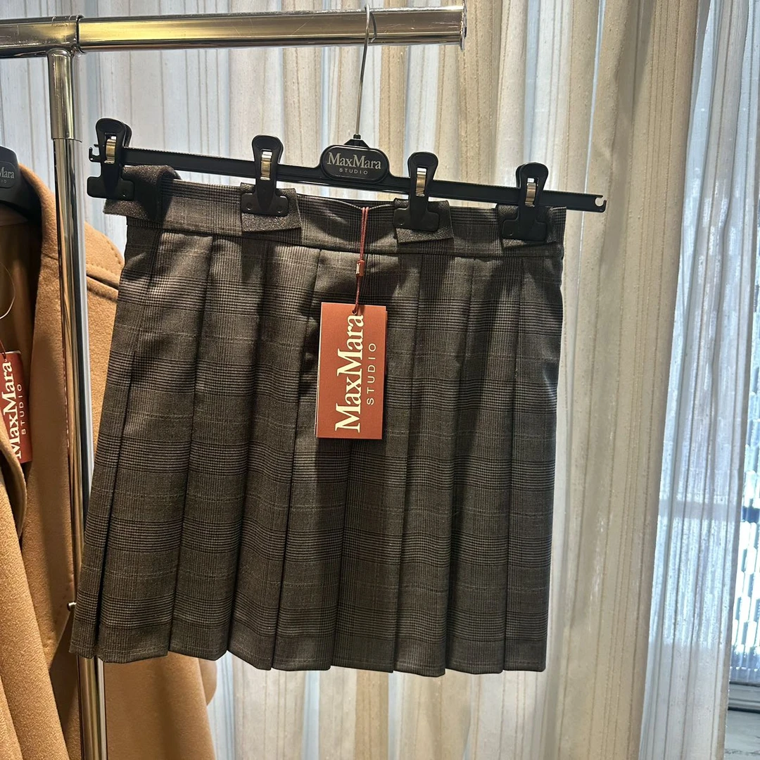 全新未使用 MaxMara alcuno 绵羊毛混纺格纹百褶短裙
