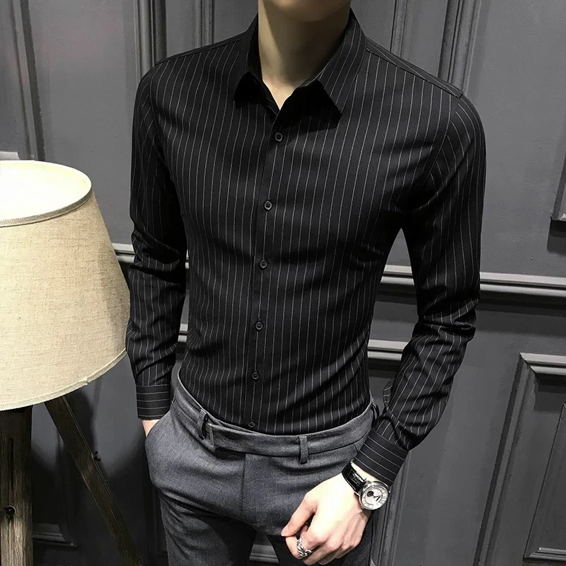 新款男士条纹衬衫2024高级长袖衬衣潮休闲修身商务男装寸免烫衬衣