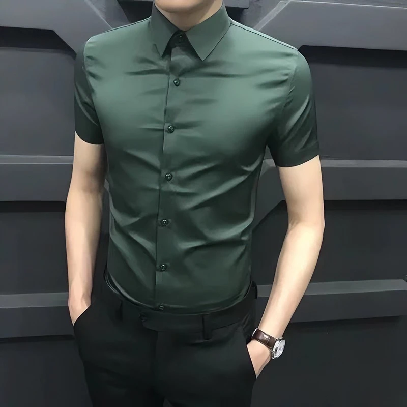 夏季冰丝短袖衬衫男韩版潮修身商务休闲男士衬衣免烫高端帅气新款