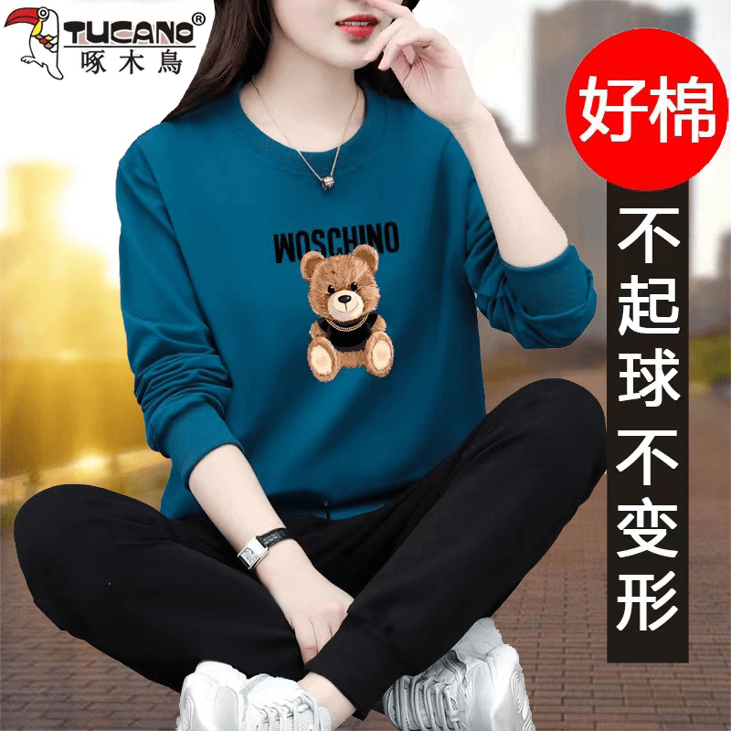 啄木鸟加绒加厚运动服套装女秋冬新款冬季宽松休闲时尚卫衣两件套