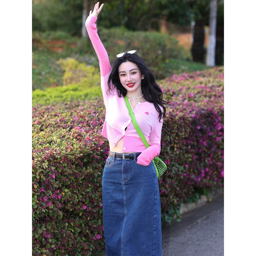 撞色樱花粉长袖针织开衫女春季法式复古软糯毛衣显瘦短外套上衣