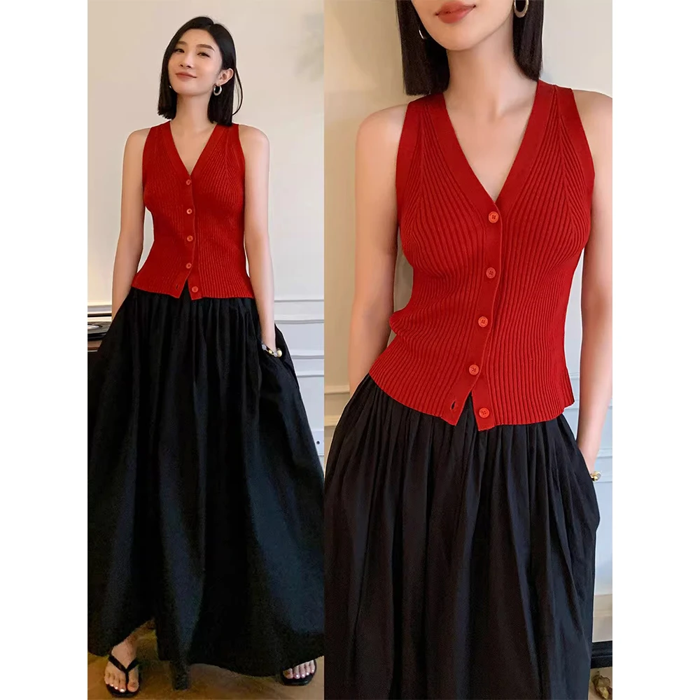 高级感夏季简约轻奢法式极简COS风修身V领无袖针织背心女开衫马甲