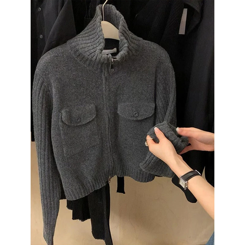 韩系深灰色高领双头拉链毛衣外套女秋冬款外穿加厚软糯高级感开衫