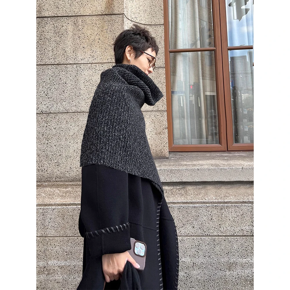 法式复古深灰色百搭围脖围巾披肩针织女秋冬外搭叠穿脖套开叉围脖