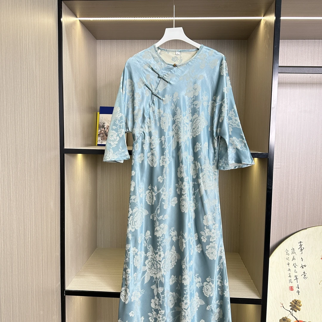 1460款 春夏气质盘扣蓝色款提花桑蚕丝中式国风百搭宽松衣裙女装