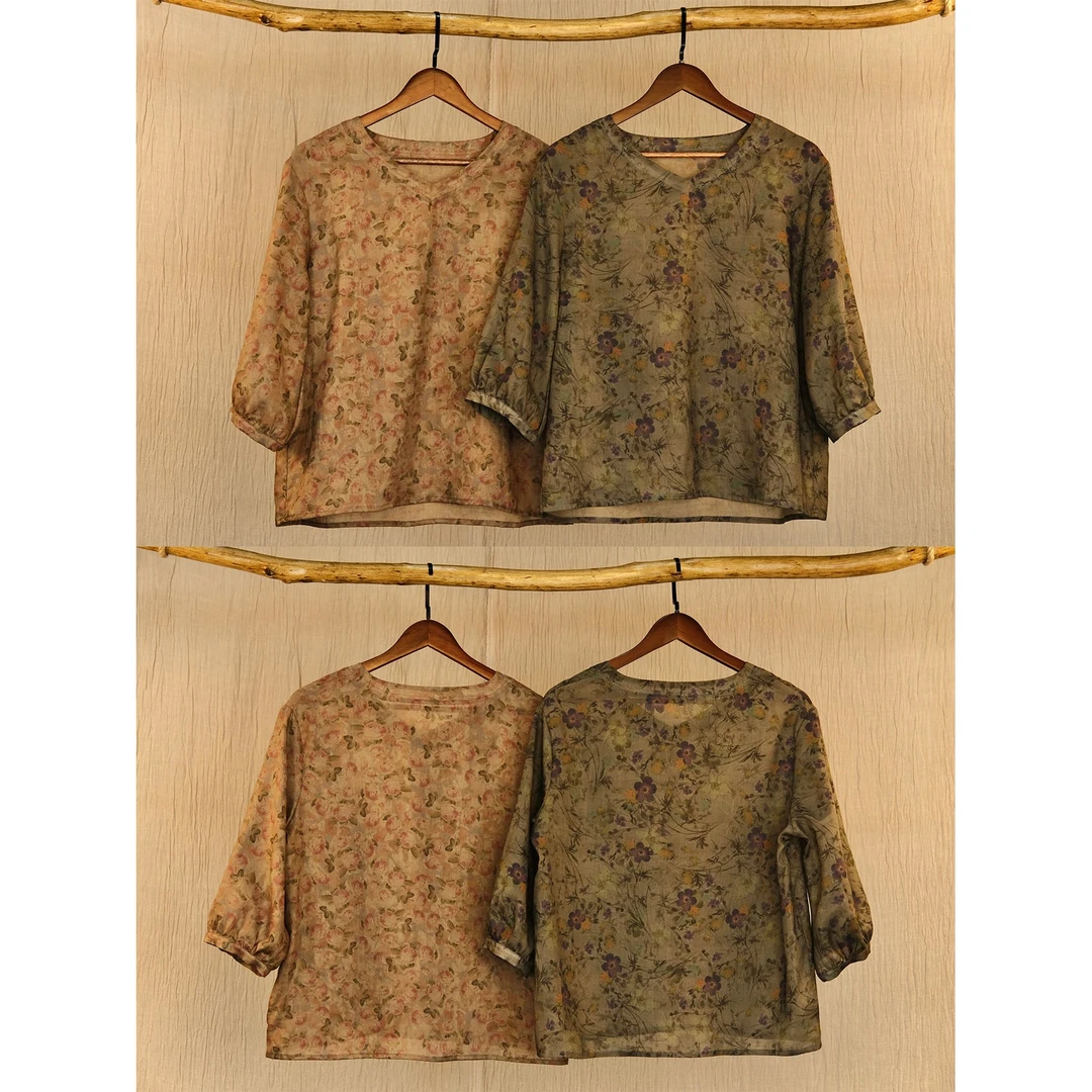 V领莨麻T恤小衫清凉灯笼袖春秋国风上衣碎花时尚百搭夏季春夏