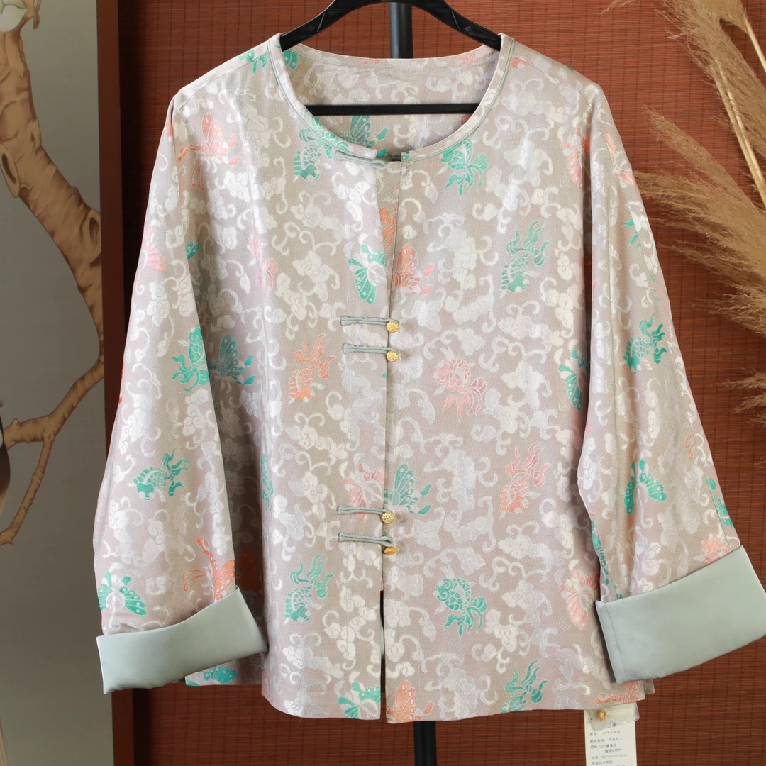 佳 新中式风 桑蚕丝 灰蓝色宋锦锦鲤闹彩蝶 外套 L 13824