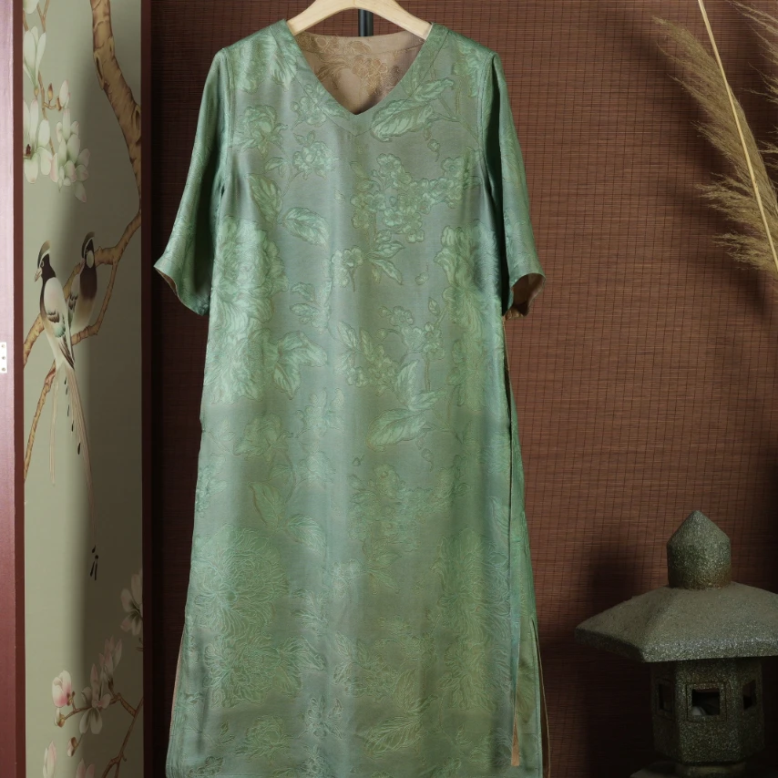 芹 新中式风 浅绿色连衣裙 L 11924