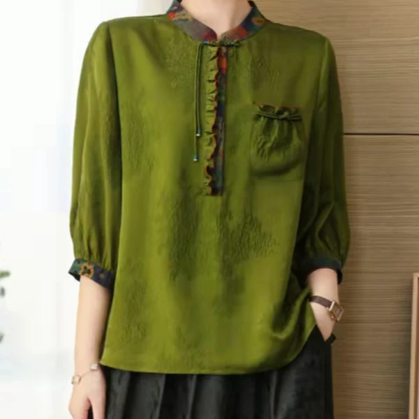 芹 新中式风 桑蚕丝 香云纱冠乐绉上衣 23075  L