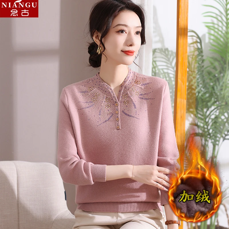 时尚妈妈冬装一体绒毛衣中老年女装针织加绒加厚保暖打底衫上衣