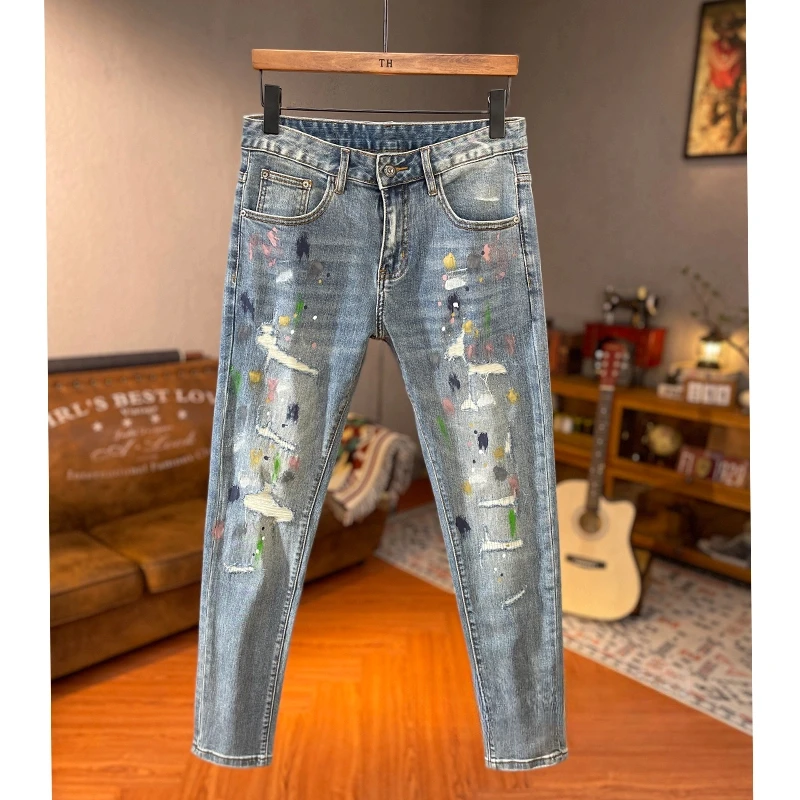 秋季潮款个性时尚彩绘喷漆九分牛仔裤男破洞补丁弹力修身小脚长裤