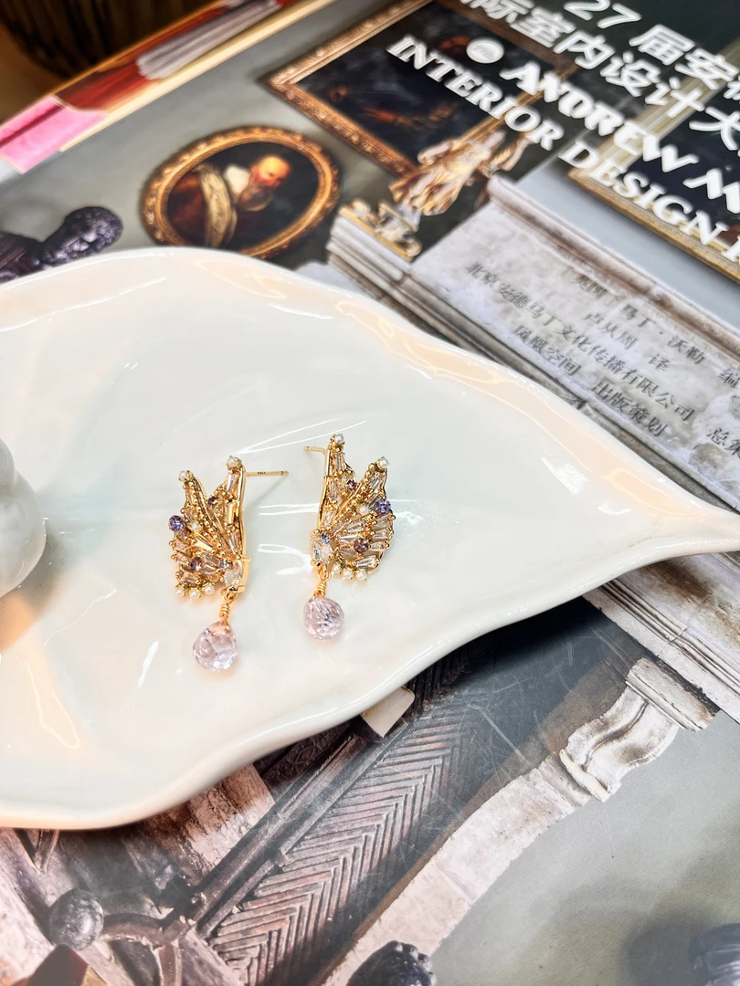 铜合金锆石耳饰 梦幻蝴蝶淡紫优雅仙女风时尚耳钉