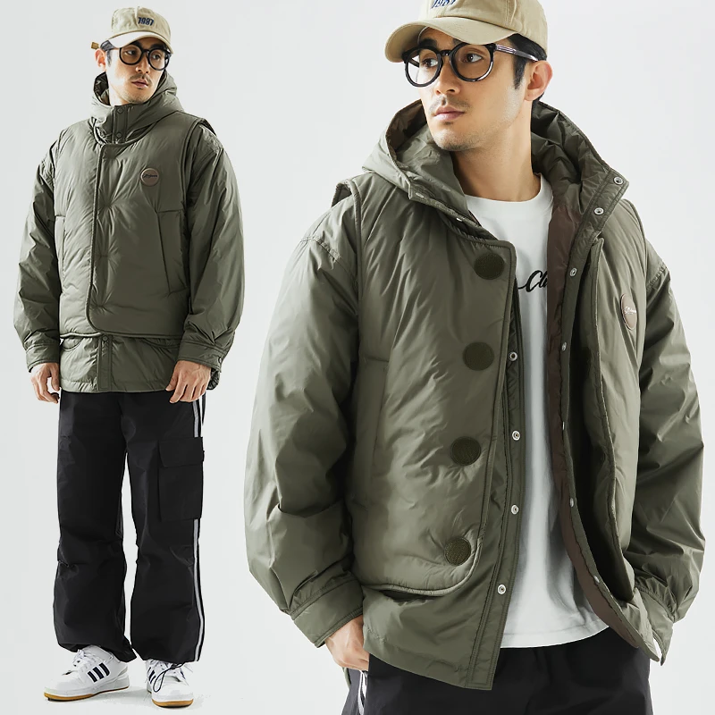 两件套设计90绒男士工装连帽保暖马甲羽绒服冬季新款加厚男装外套