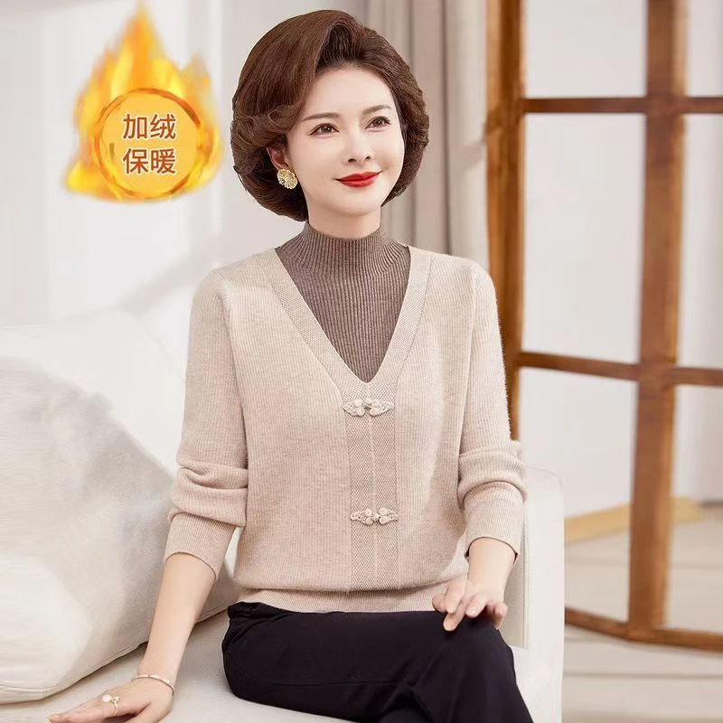 2024秋冬新款假两件圆领加厚一体绒妈妈装加绒保暖毛衣女