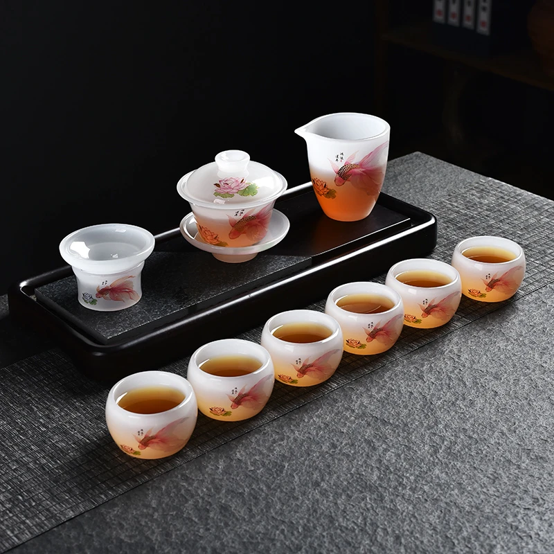 琉璃鸿运连年白玉琉璃茶具套装家用功夫盖碗茶杯办公室自用盒装