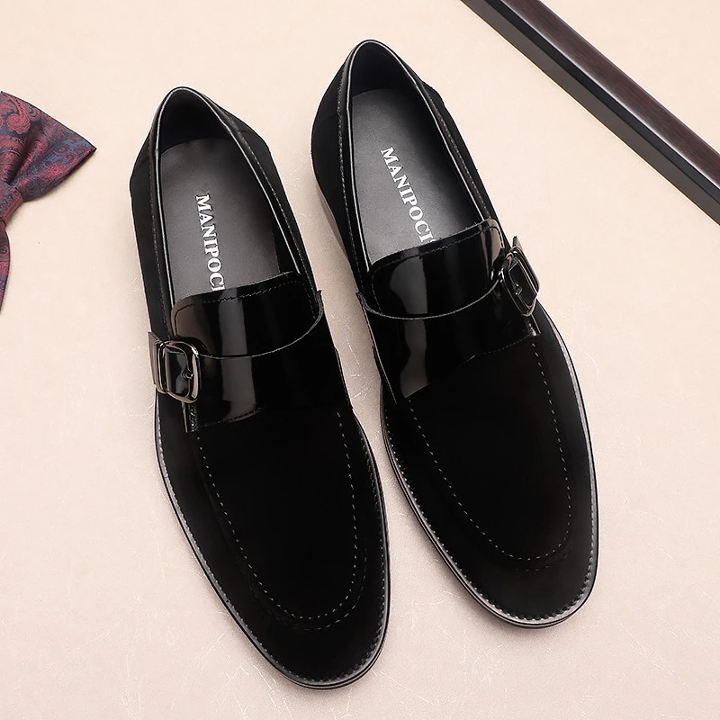 潮流搭扣皮鞋男2022新款真皮商务休闲英伦风一脚蹬翻毛皮韩版男鞋