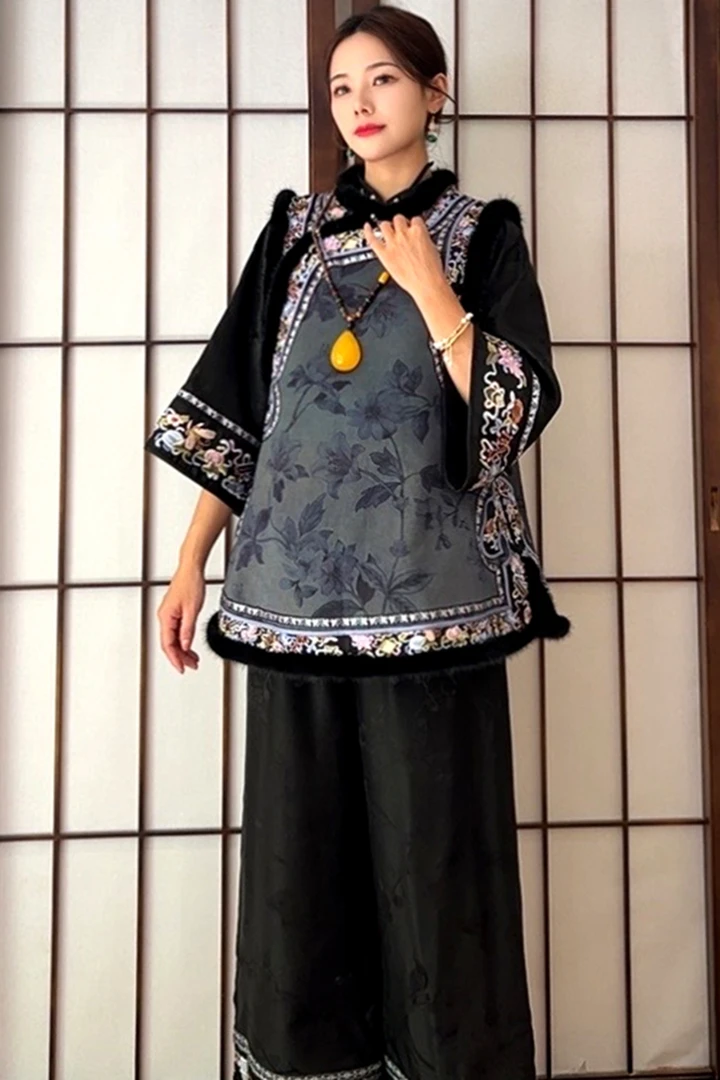 【知瑶】锦莨桑蚕丝新中式马甲刺绣中国风复古加棉水貂毛斜襟重工