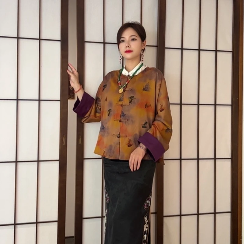 【锦程】锦莨桑蚕丝新中式早秋外套对襟上衣圆领提花撞色翻袖中国风