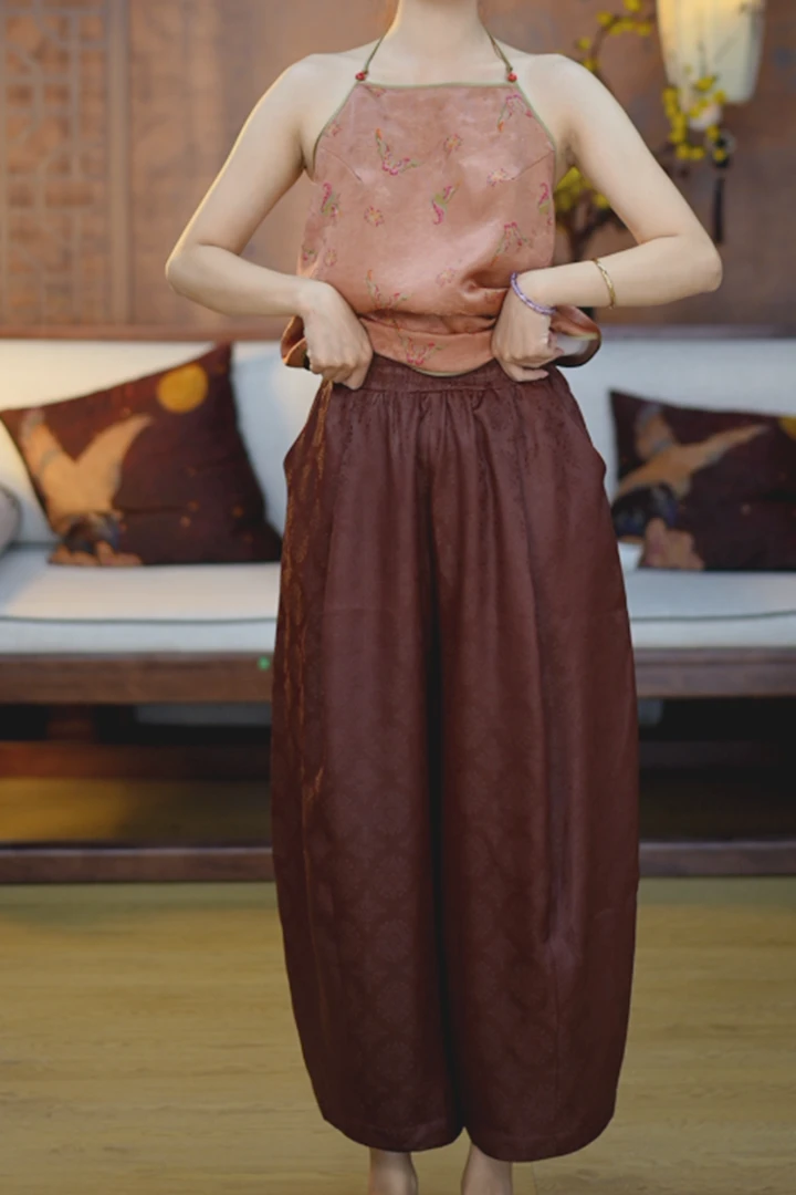 【悠然】锦莨新中式桑蚕丝双层花苞裤宽松阔腿厚实红云纱百搭款