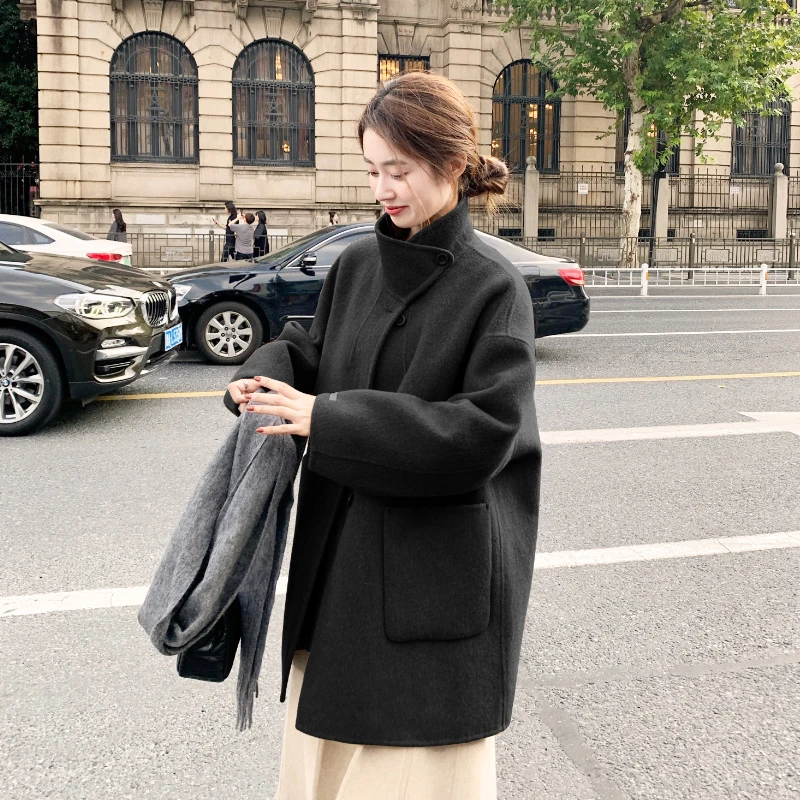 黑色立领双面羊绒大衣女短款小个子气质宽松100%双面羊毛大衣女