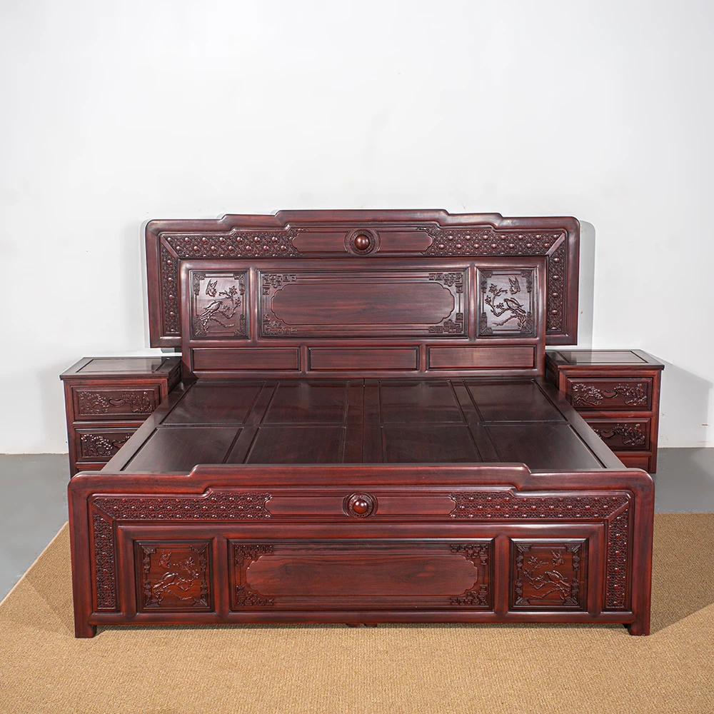 南美酸枝家用古典雕花储物国花好月圆箱体双人大床