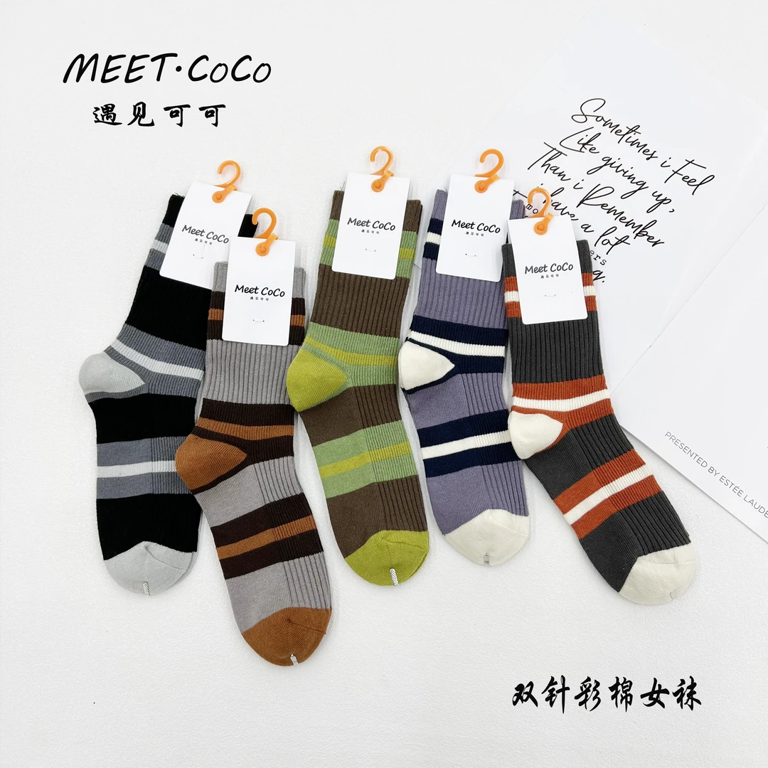 秋冬袜子条纹双针设计感撞色中筒袜拼色堆堆袜显瘦显腿长日系学生
