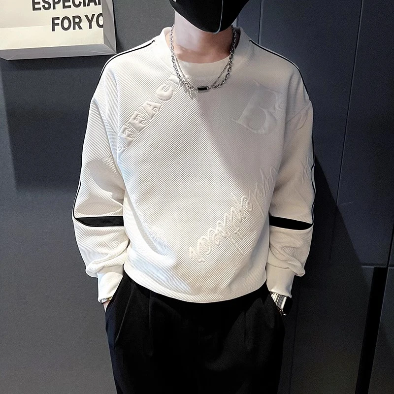 欧洲站休闲T恤男2024秋冬轻奢英伦痞帅宽松拼色字母烫印长袖卫衣