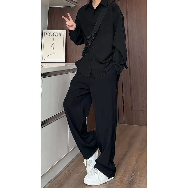 套装纯色黑色冰丝凉感衬衫休闲西裤两件套男潮大码长袖白衬衣裤子