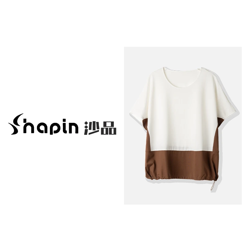 时髦拼色设计感圆领上衣2024夏季休闲宽松抽绳短袖T恤ZD450443