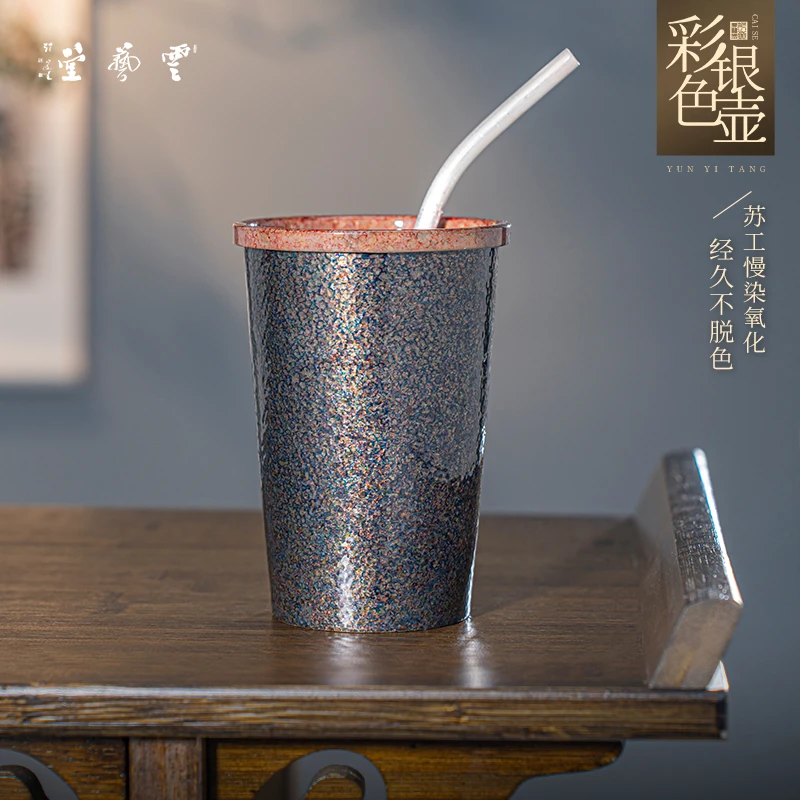足银999纯手工一张打咖啡银杯 彩色足银杯 苏工彩色不褪色 咖啡杯