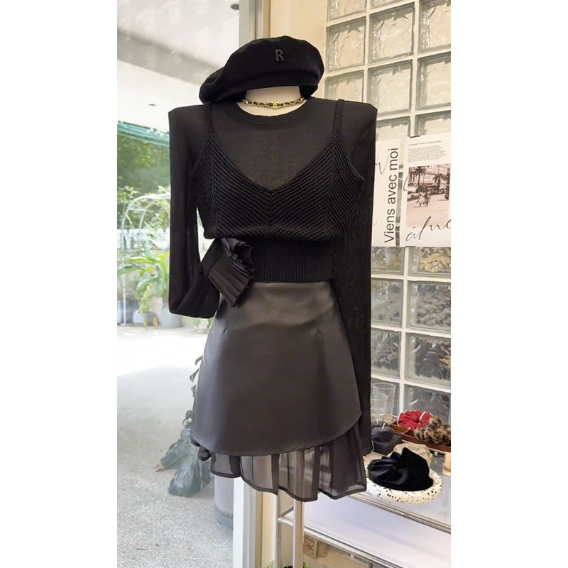 纯欲风辣妹套装女2024早秋新款微透打底衫针织吊带皮半身裙三件套