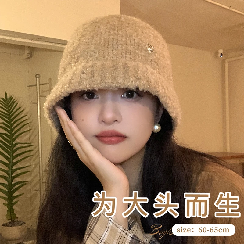 大头星球网红小爱心扣纯色秋冬季氛围感加绒针织帽2024年冬毛绒帽