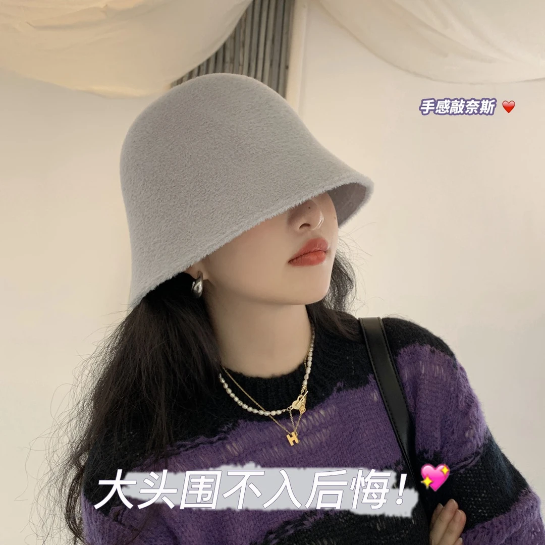 大头星球高品质毛绒帽子水桶帽大头围显脸小秋冬保暖高级感渔夫帽