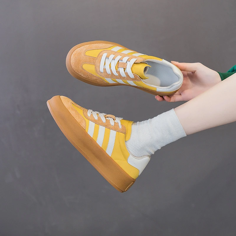 低帮复古德训鞋2024真皮厚底女鞋透气百搭平底休闲运动板鞋女韩版