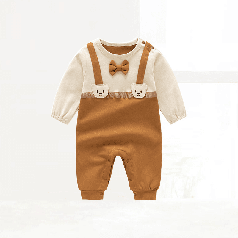 婴儿纯棉假两件连体衣男女宝宝外出肩开哈衣春秋长袖爬服新生儿