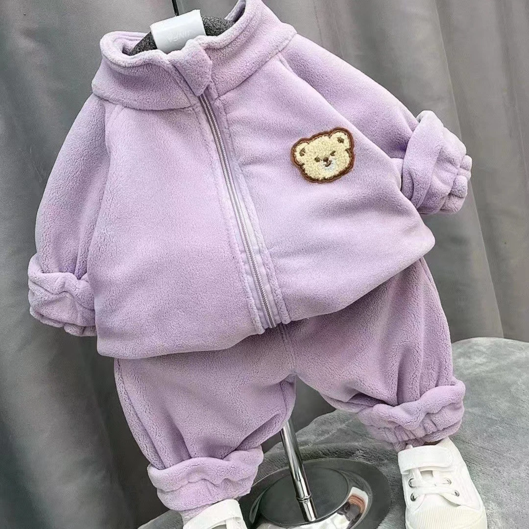 韩版童装奥粒绒拉链男女童小熊套装儿童运动保暖两件套秋冬季洋气