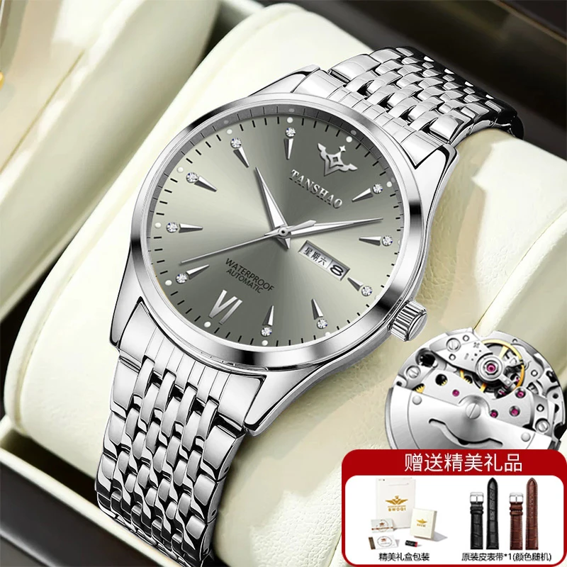 【专柜正品】全自动镂空高级灰双日历夜光男表防水商务简约钢带腕表