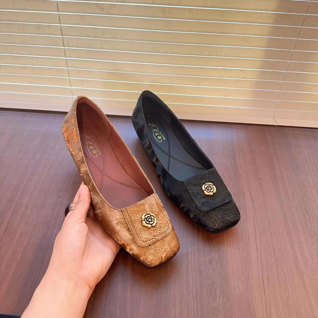 时尚法式复古手工真皮女鞋浅口方头中低跟鞋1722-9