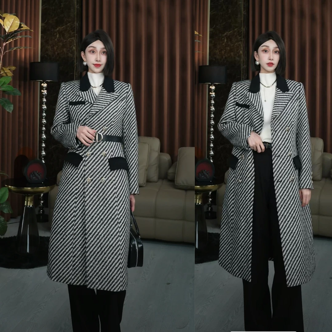 【霜露】金爷设计师大衣黑白条纹时尚双排扣长款女士大衣3DW001
