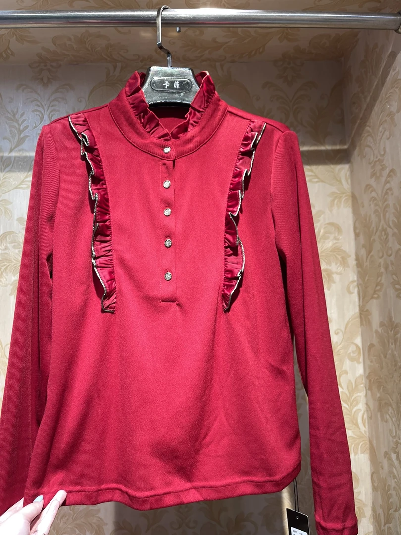 卡菲南韩秋长袖木耳领金边弹力上衣