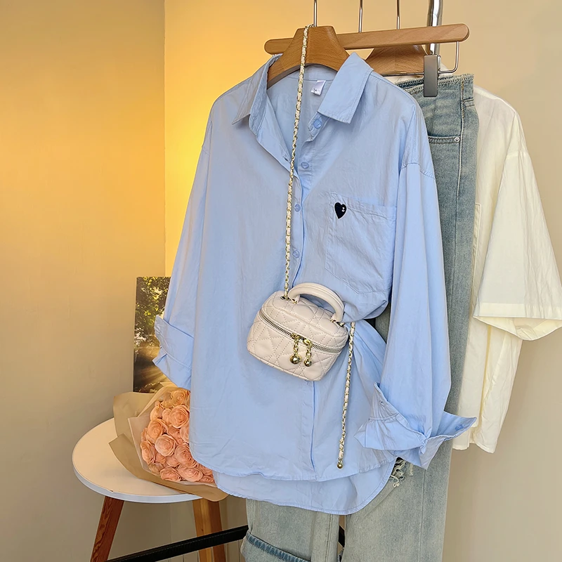 蓝色爱心小刺绣设计感衬衫女2025春秋新款小众宽松内搭衬衣外穿