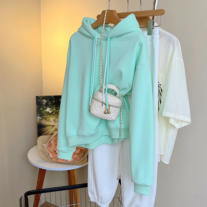 2025新款爆款秋冬慵懒风套头薄荷绿连帽卫衣女双抽绳帽衫加绒外套