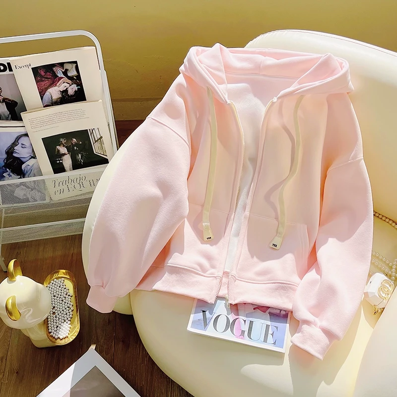 樱花粉小个子女款短款卫衣开衫女秋冬新宽松韩版百搭加绒拉链外套