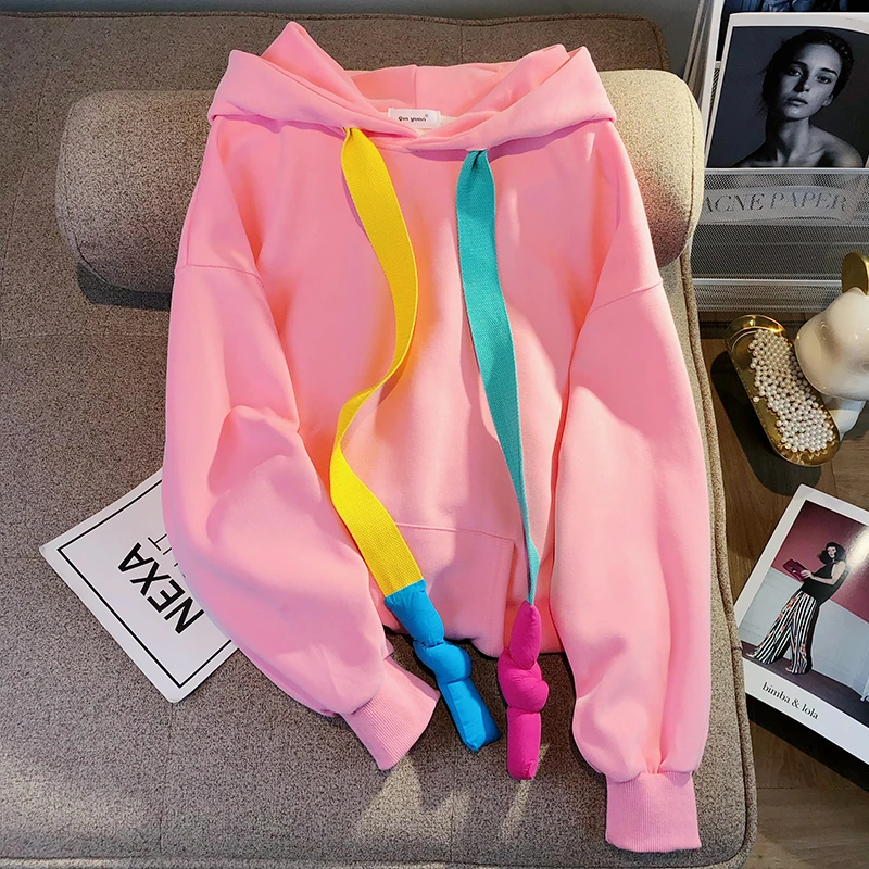 美式设计感彩色抽绳白色连帽卫衣女加绒2025秋冬宽松中长款外套潮