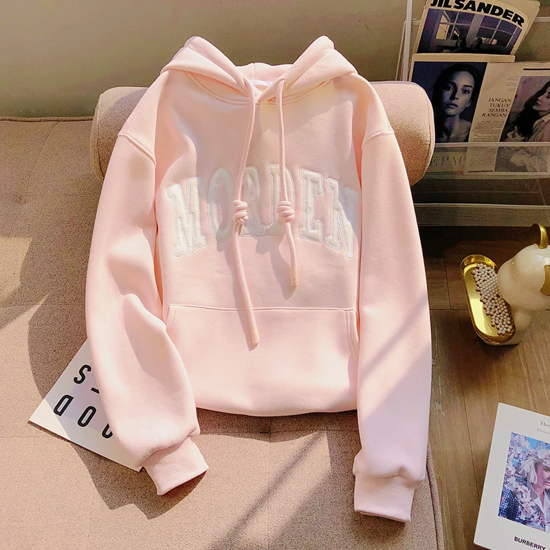 樱花粉色加绒连帽卫衣秋冬2026年oversize小个子字母刺绣宽松外套